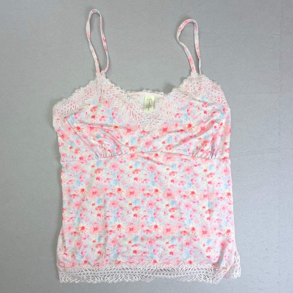 Jessica Simpson Camisole Top Womens L Pink Floral Lace Trim Cami Romantic Fairy